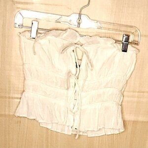 Zara Women's New Linen White Shirred Strapless Front Tie Cropped Top XS